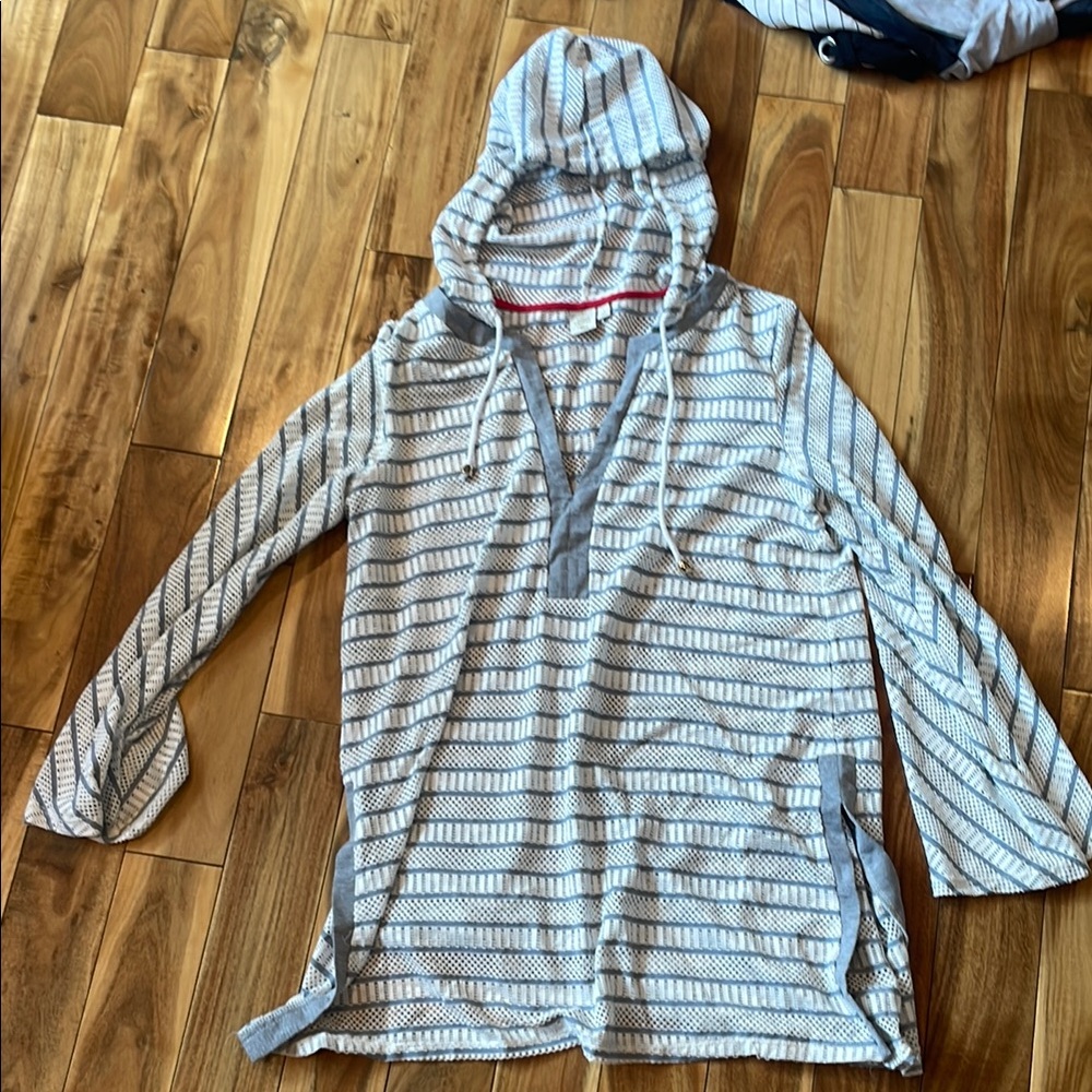 Saint Tropez West Striped Hooded Swim Coverup - White and Gray
